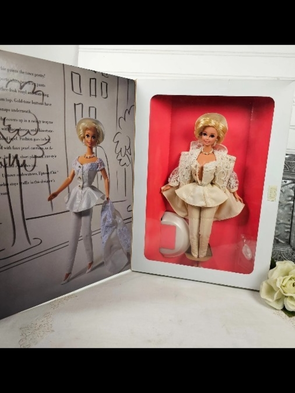 Barbie Blonde Doll in Cream Lace Outfit with Pink Display Backing